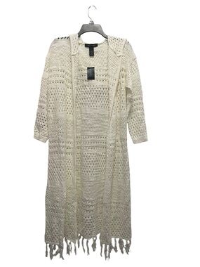 Boho Open Front Crochet Knit Fringe Cardigan Sweater Cream Sz 14/16 Long Sleeve